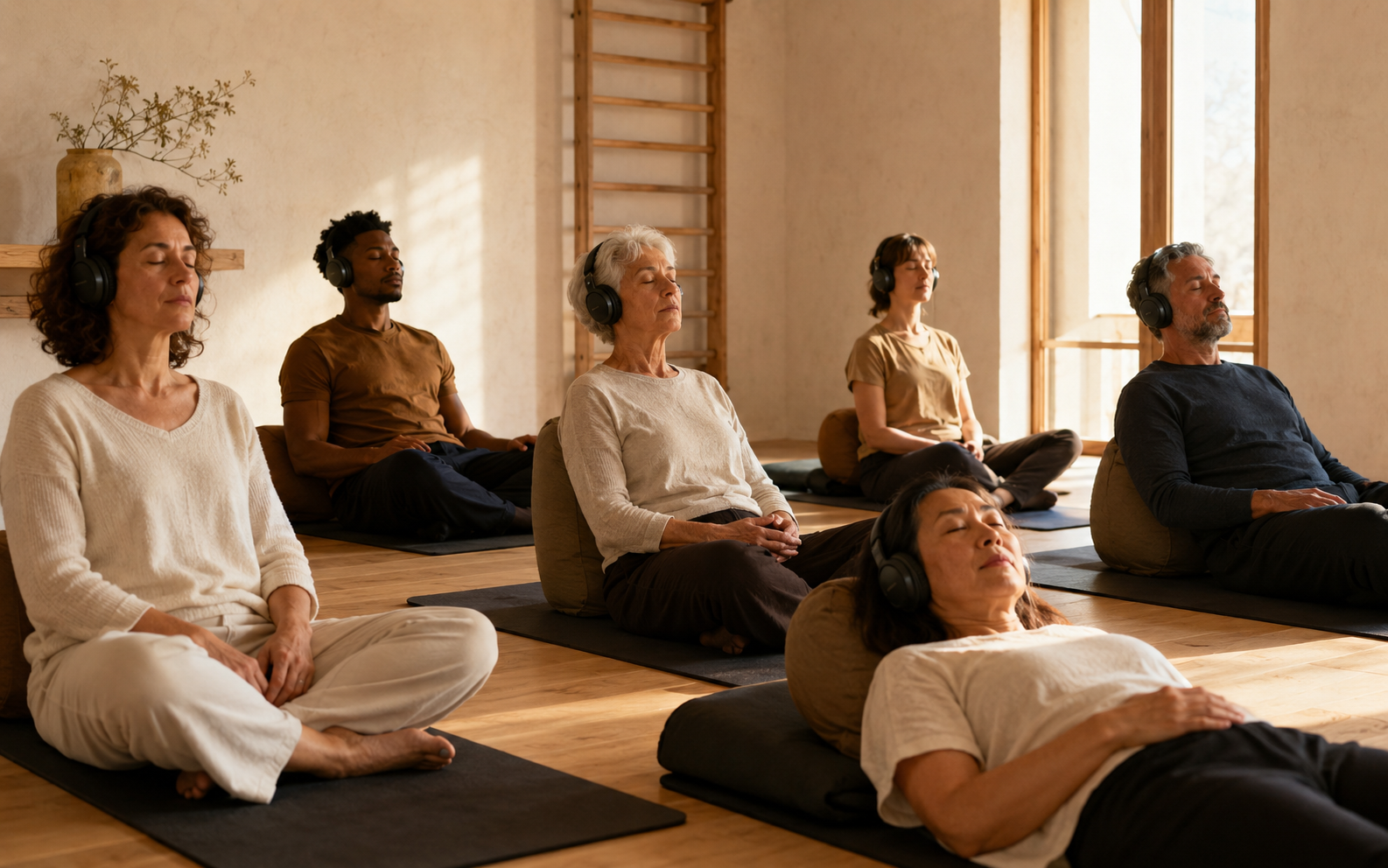 Illustration éditoriale d’une séance collective de respiration guidée avec casques audio