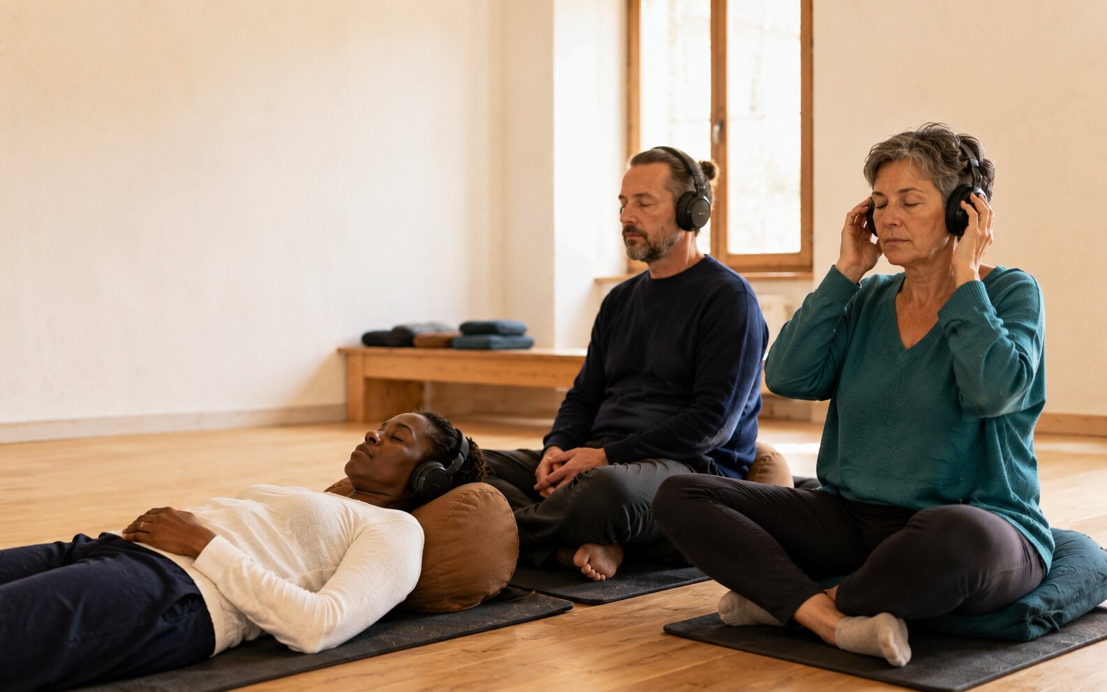 Illustration éditoriale d’une pratique collective de respiration guidée avec casques audio