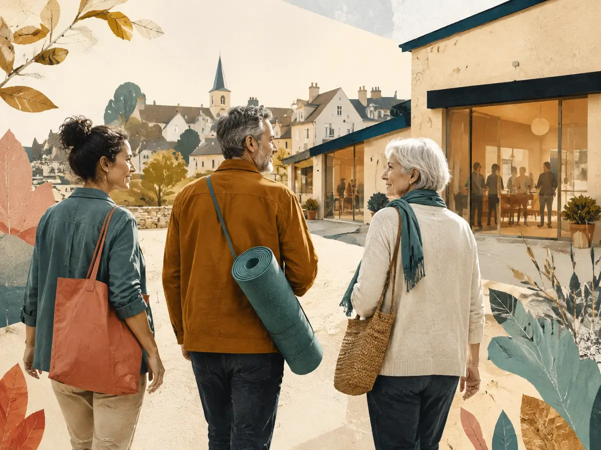 Illustration éditoriale d’habitants rejoignant une activité locale