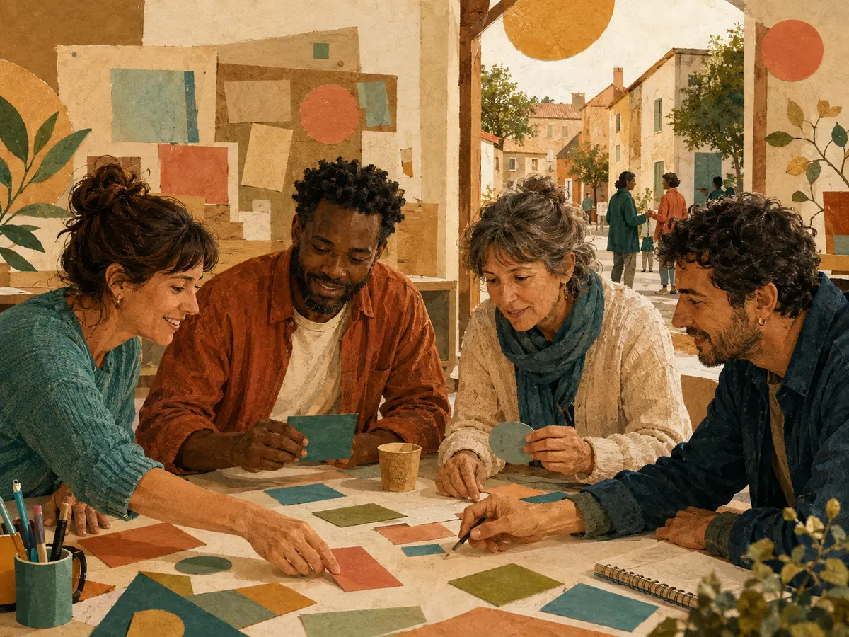 Illustration éditoriale de structures locales préparant une action collective